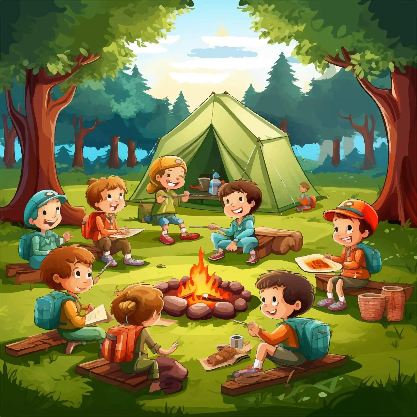 Kids Camping in Park Vector Illustration — free download from Dotvec