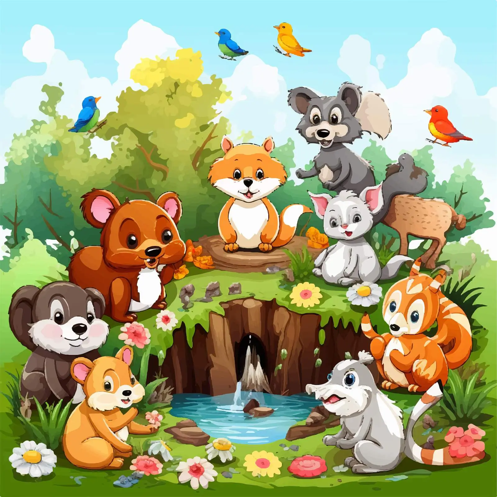 Colorful Animals in Vibrant Garden Illustration — free download from Dotvec
