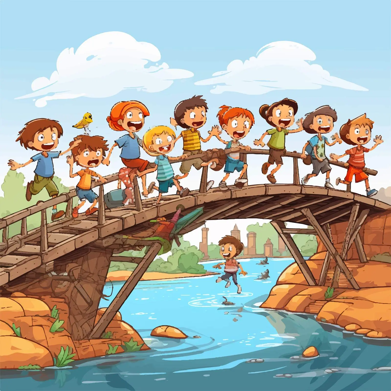 Doodle Kids Cartoon Characters on Bridge — free download from Dotvec