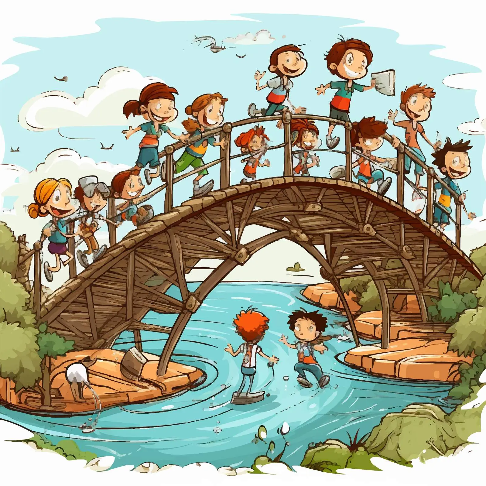 Doodle Kids Cartoon Characters on Bridge Scene — free download from Dotvec