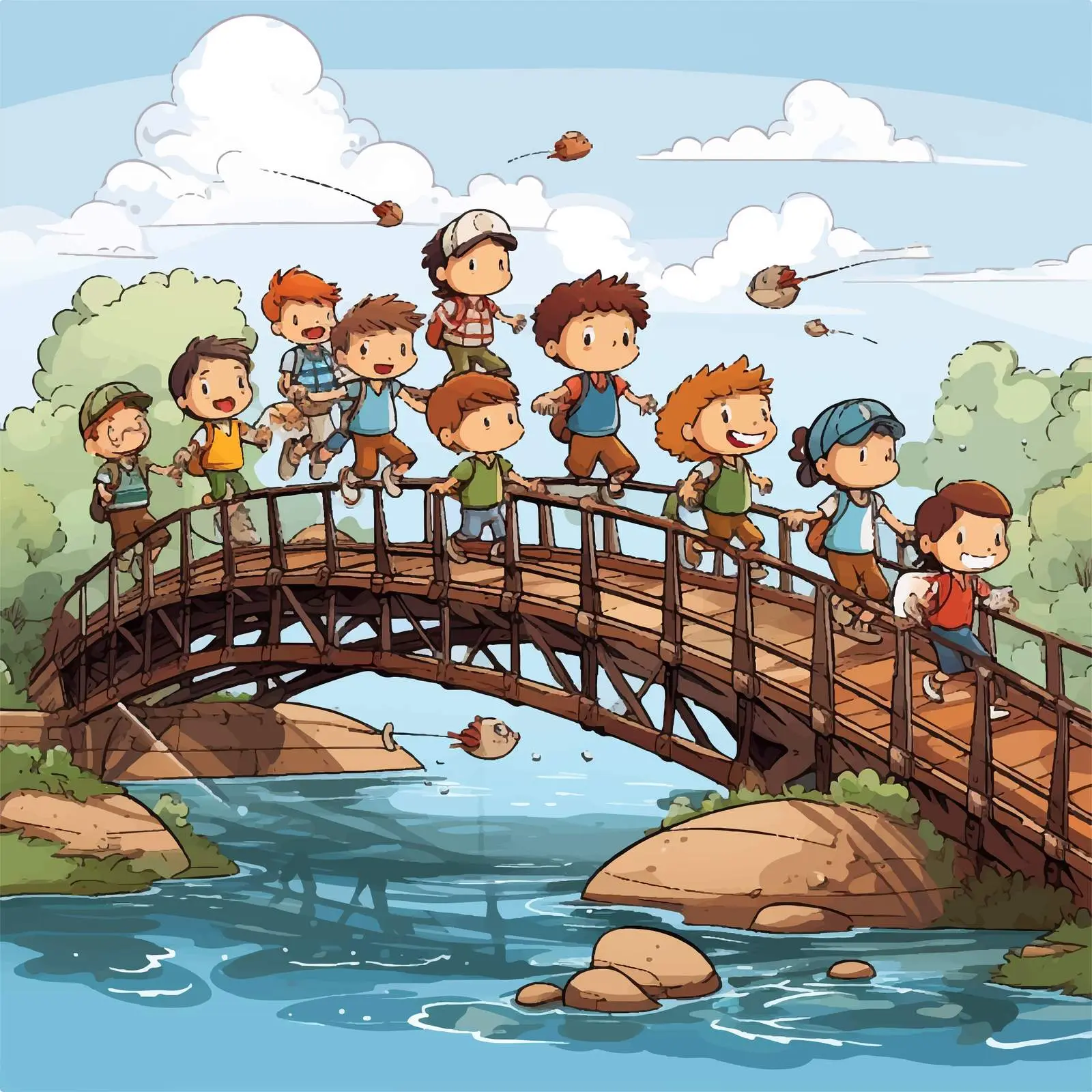 Doodle Kids Cartoon Characters on a Bridge — free download from Dotvec