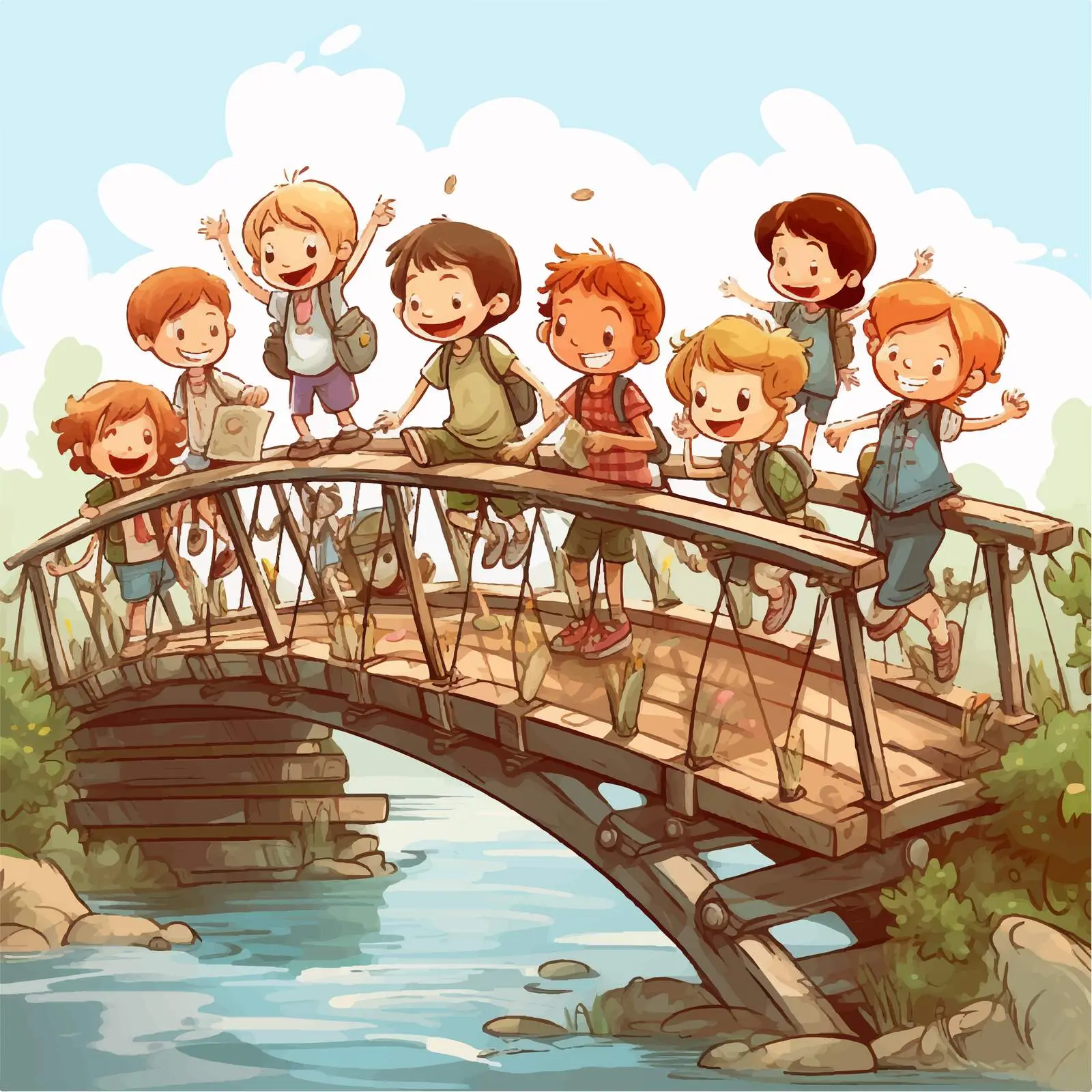 Doodle Kids Cartoon Characters on a Bridge — free download from Dotvec