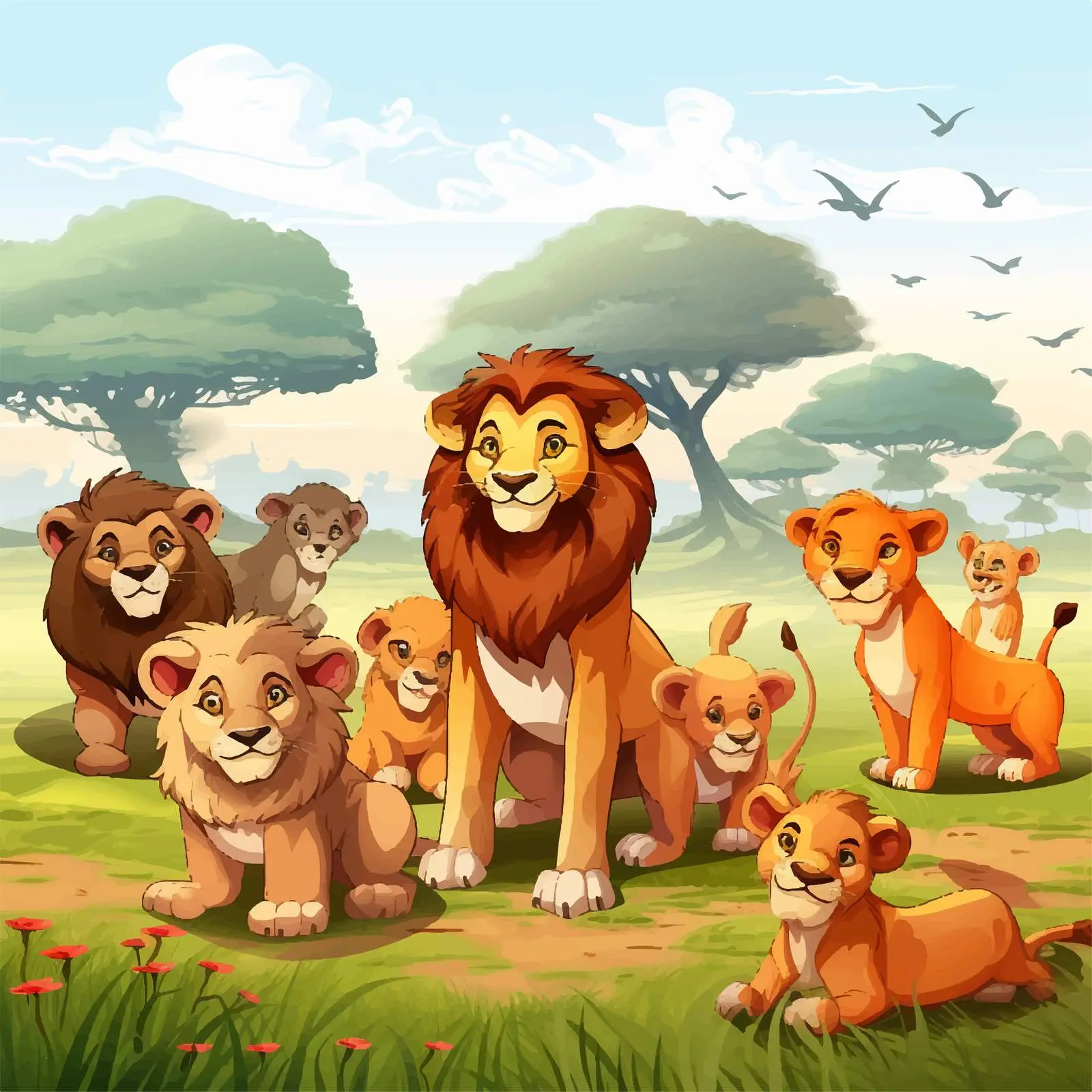 Wild Lions in a Vibrant Field Illustration — free download from Dotvec