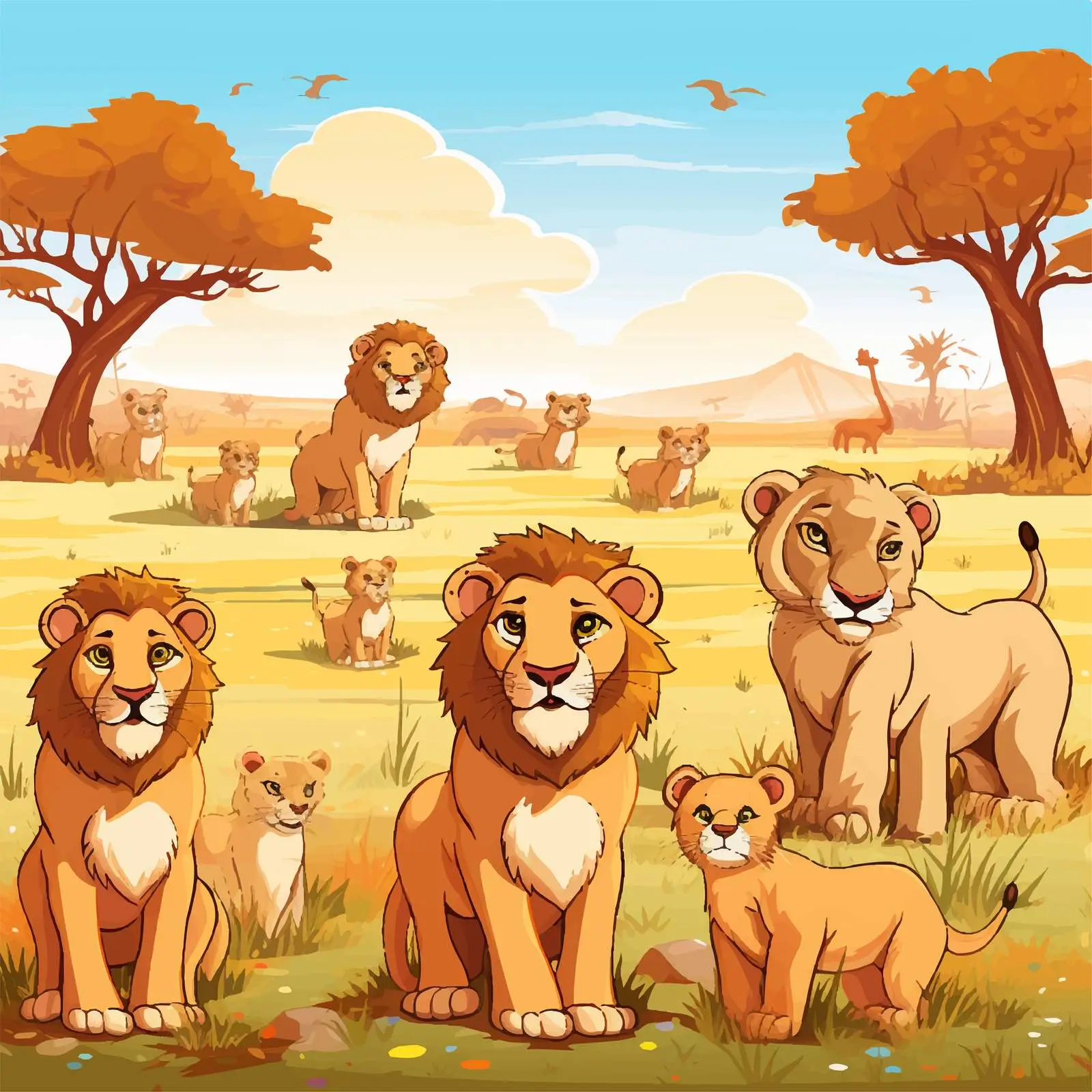 Lions in a Field Illustration Vector Art — free download from Dotvec