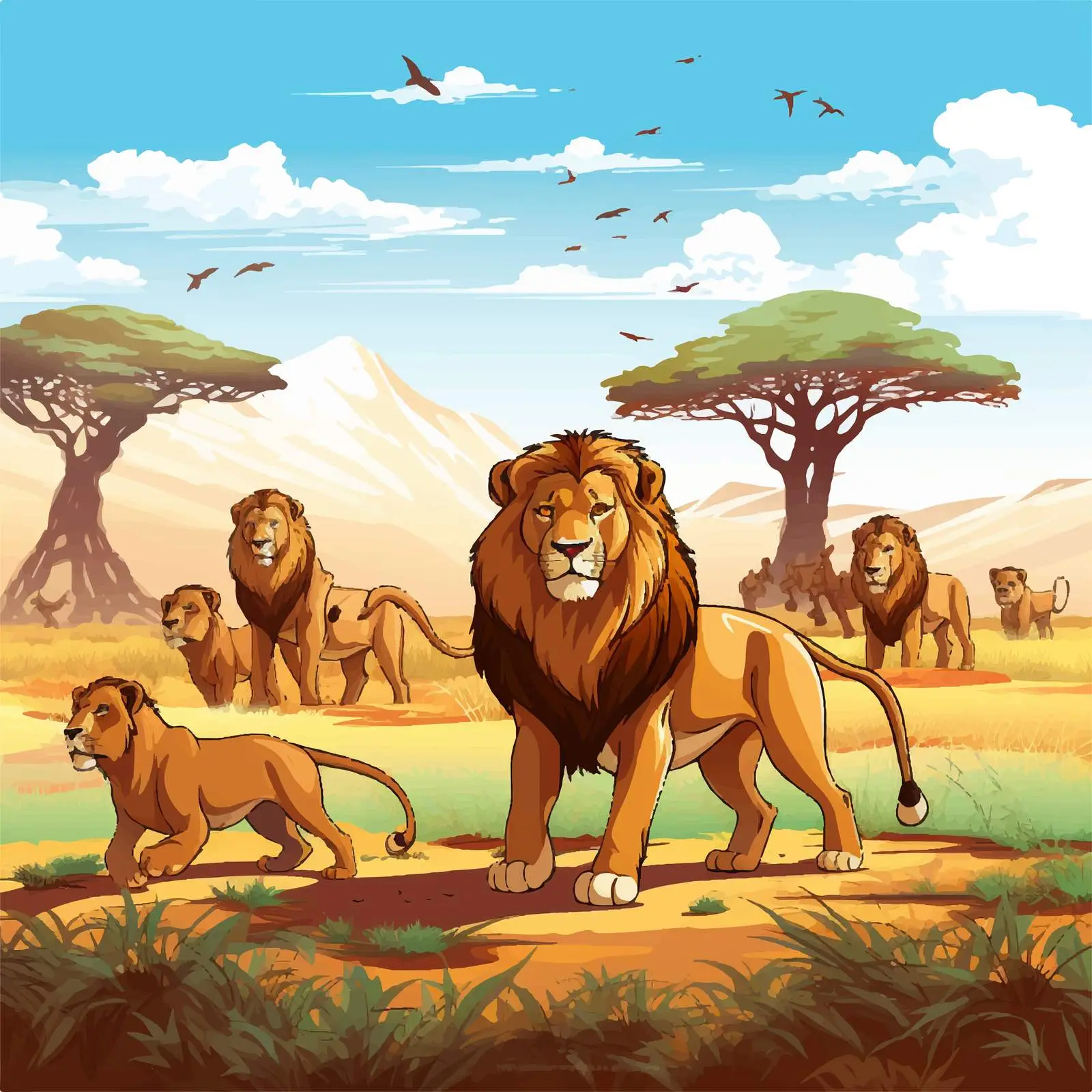 Lions Roaming in Vast Field Illustration — free download from Dotvec