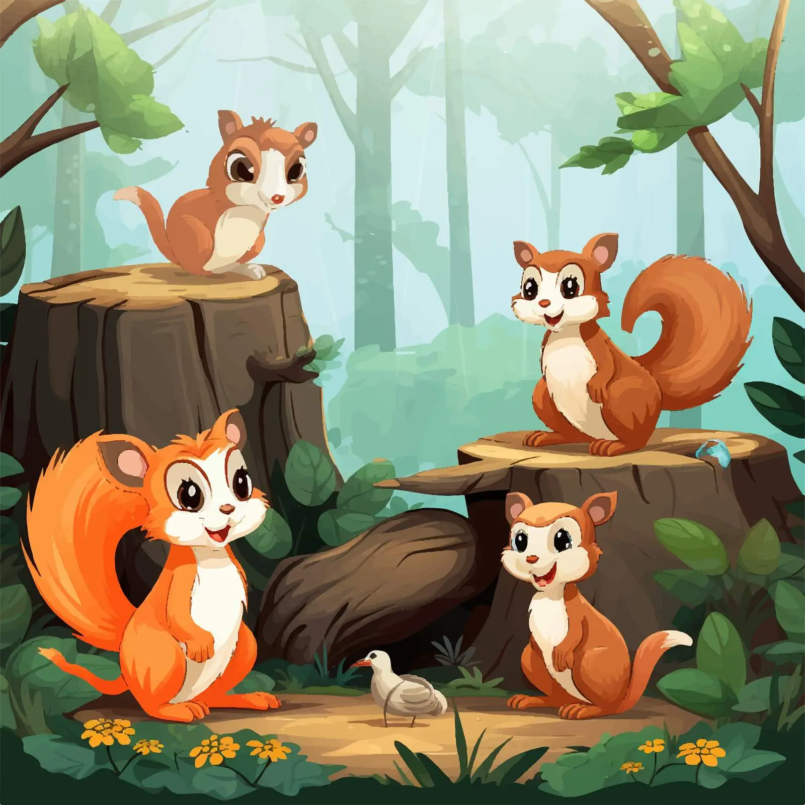 Monkeys and Squirrel in Forest Illustration — free download from Dotvec