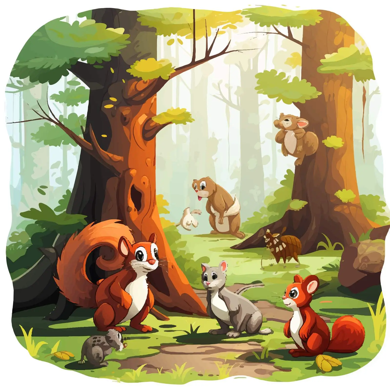 Monkeys and Squirrel in Forest Illustration — free download from Dotvec