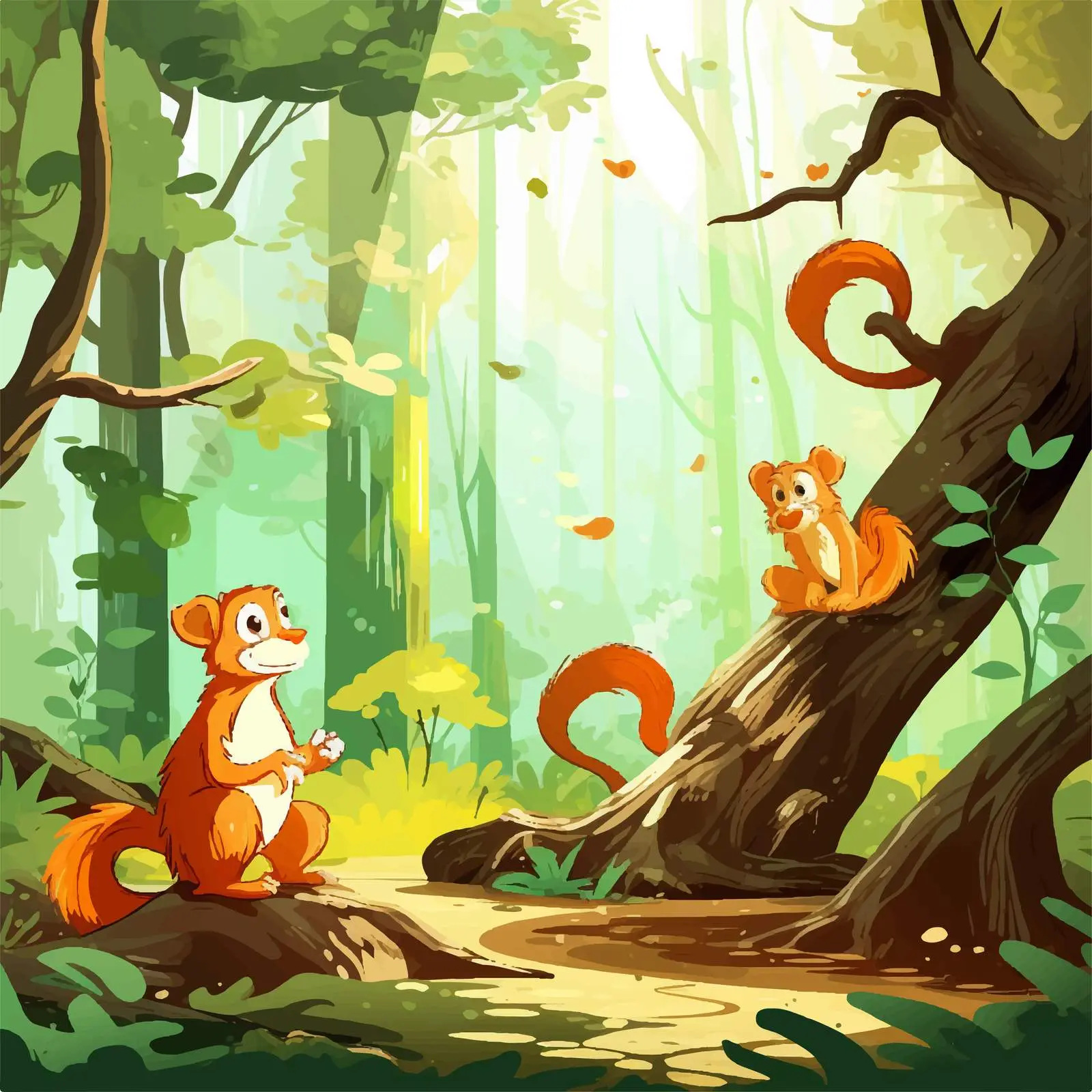Monkeys and Squirrel in Forest Illustration — free download from Dotvec