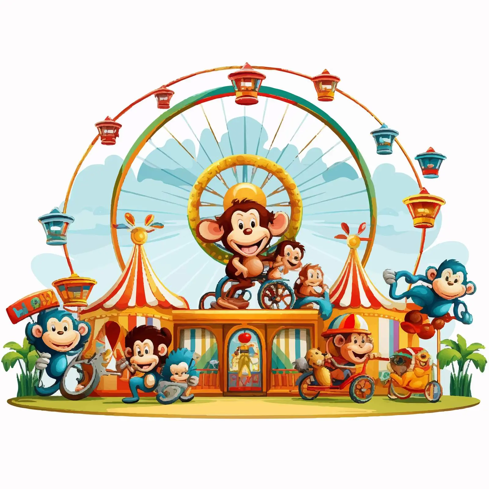 Monkeys at Fun Fair Illustration on White Background — free download from Dotvec