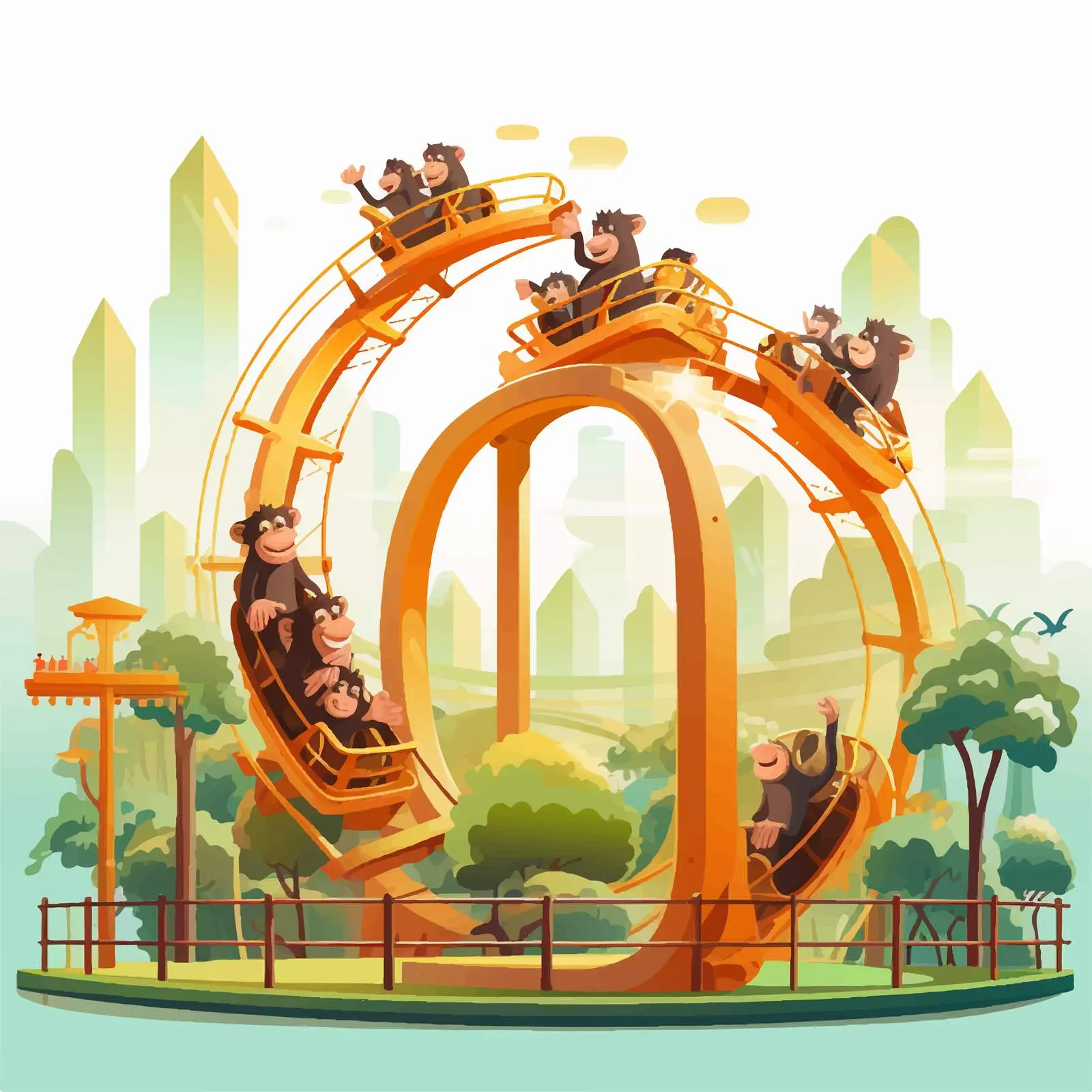 Monkeys Riding Roller Coaster in Park Illustration — free download from Dotvec