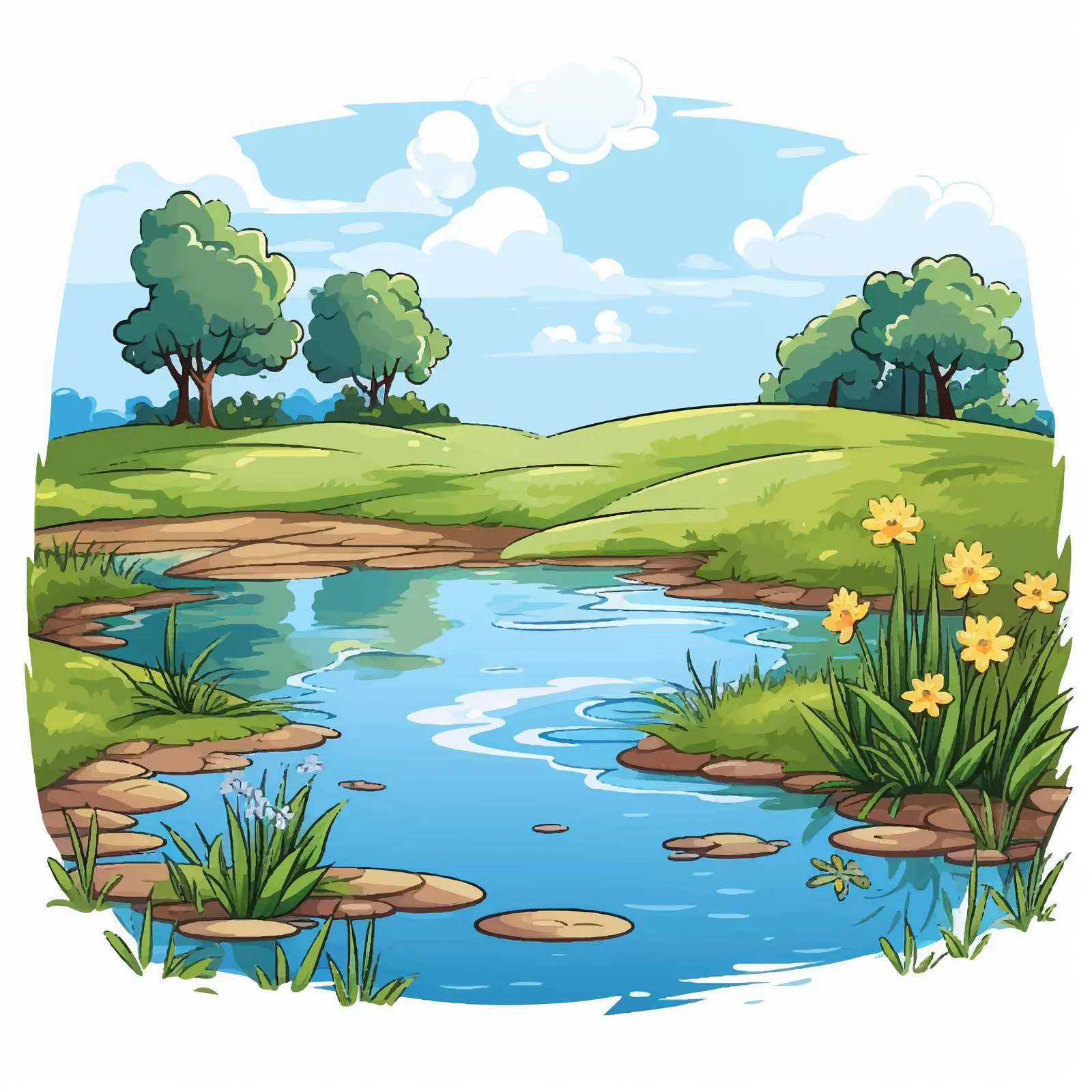 Pond in Field Vector Illustration — free download from Dotvec
