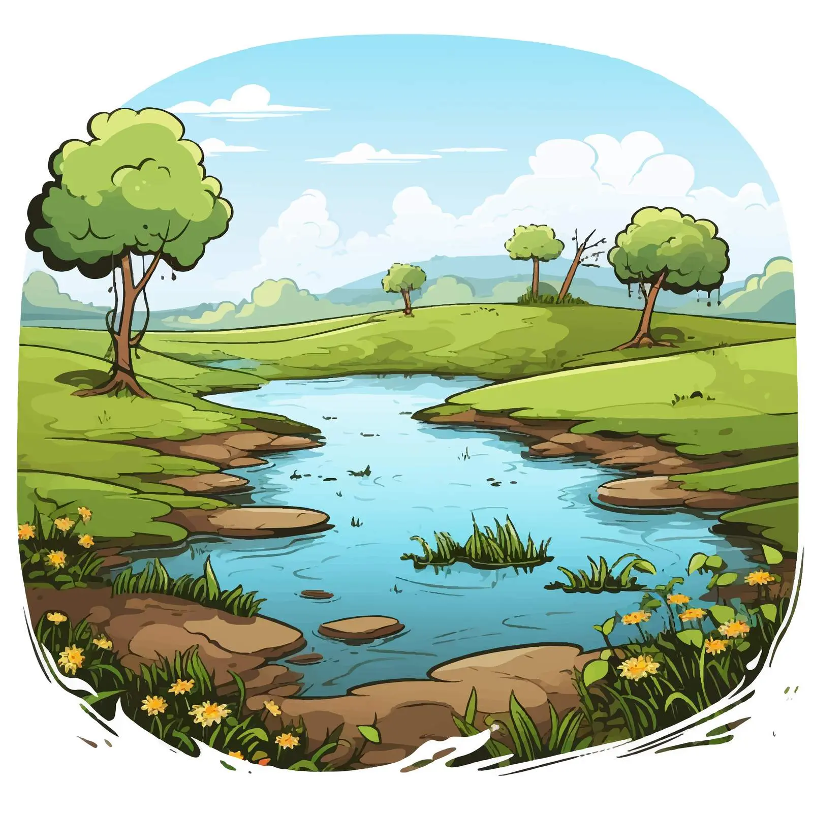 Pond in Field Illustration Vector Art — free download from Dotvec