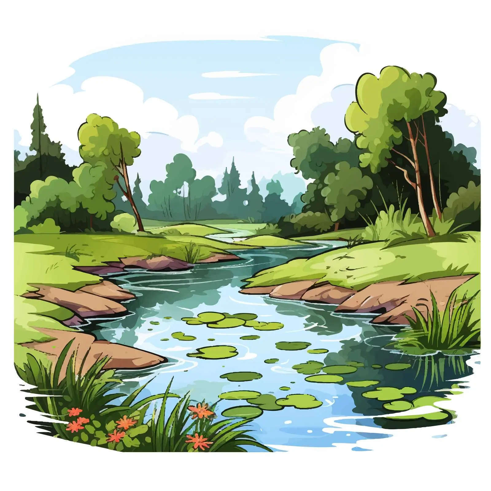 Small Pond Illustration in Park Setting — free download from Dotvec