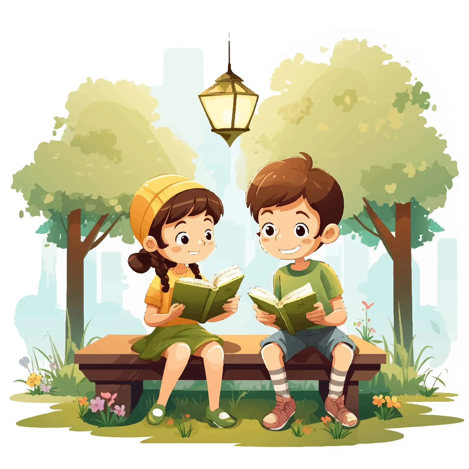 Children Reading Together in Park Illustration — free download from Dotvec
