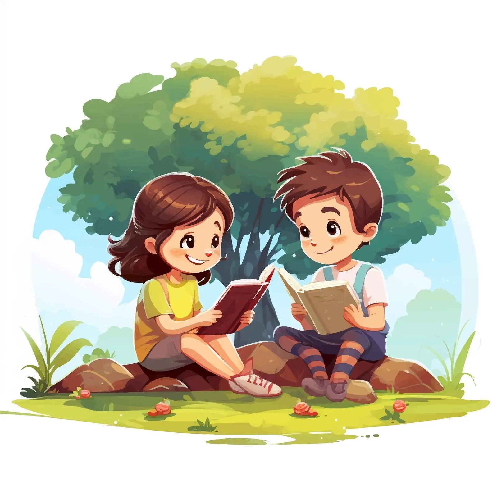 Children Reading Together in Park Illustration — free download from Dotvec