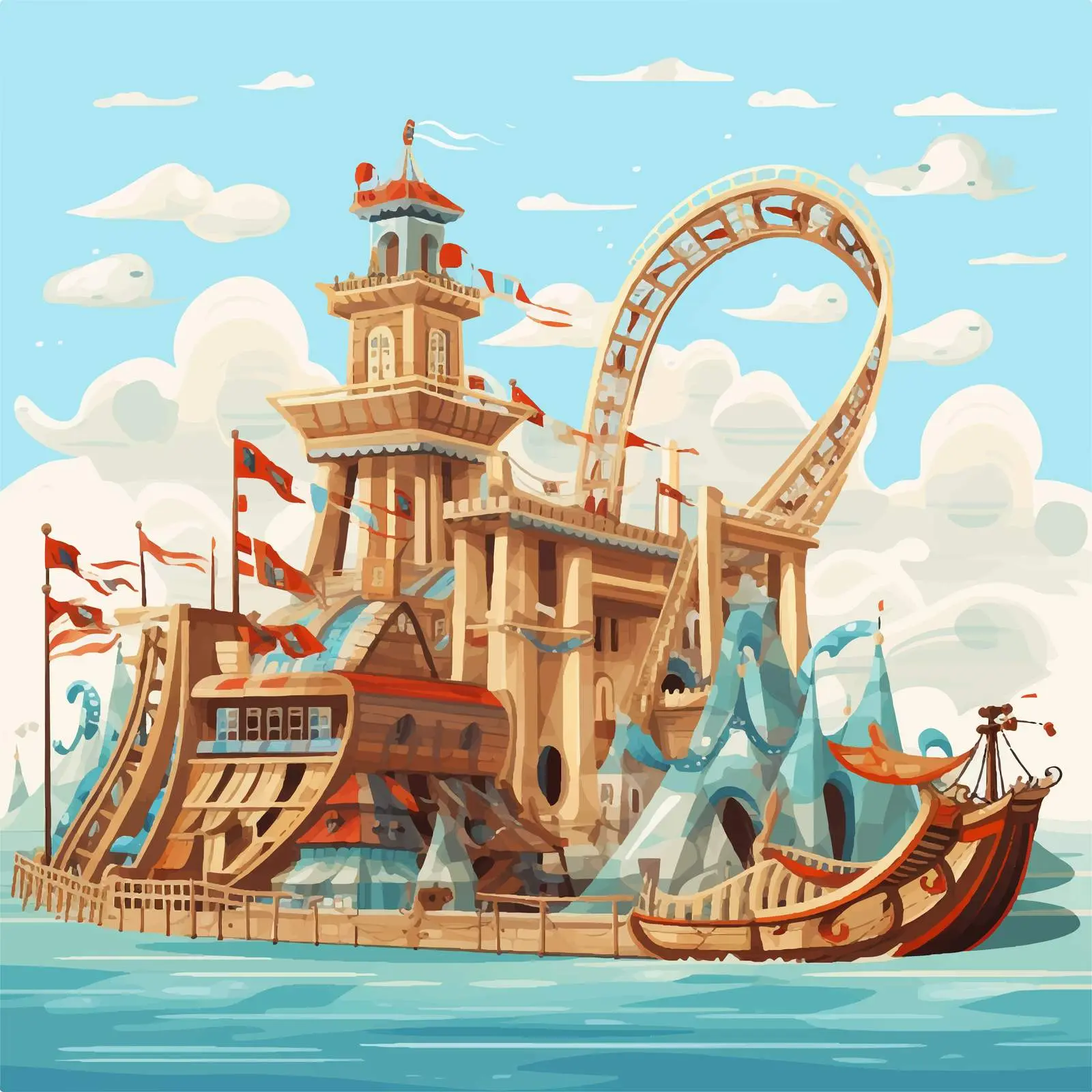 Viking Ship and Roller Coaster Fair Illustration — free download from Dotvec