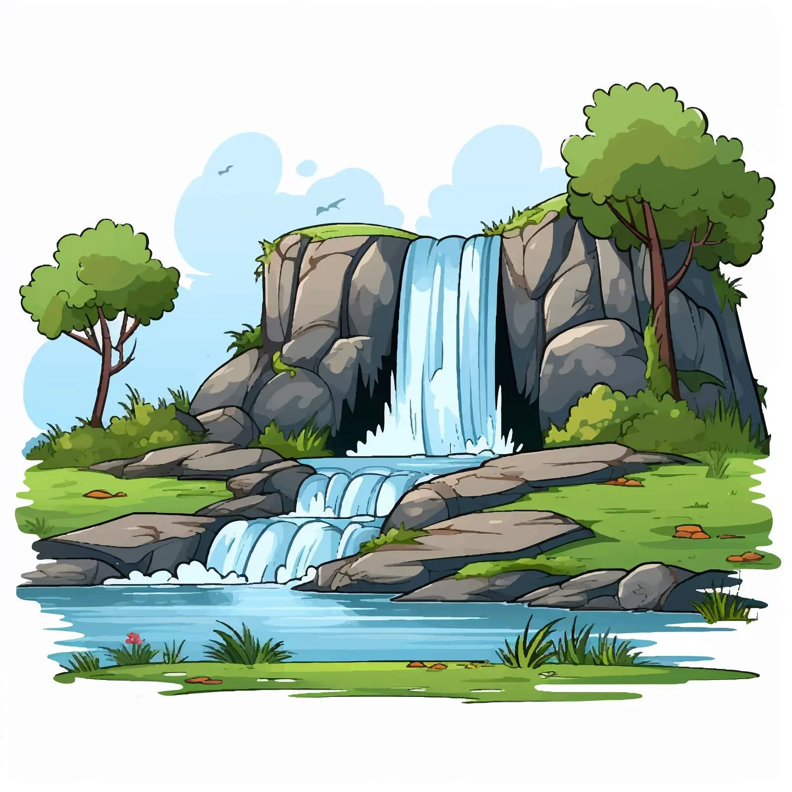 Scenic Waterfall and Grass Vector Illustration — free download from Dotvec