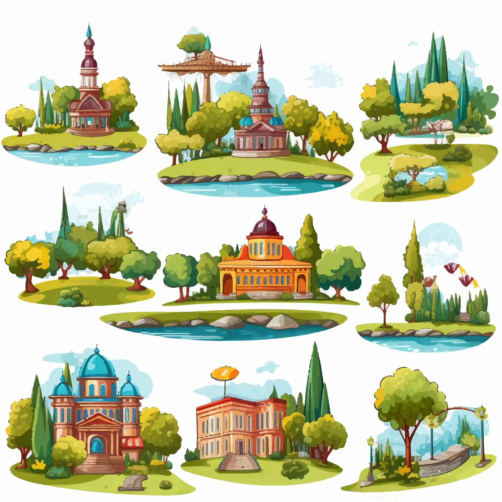 Cartoon Scenes of Cities and Parks Vector – free bench image from Dotvec