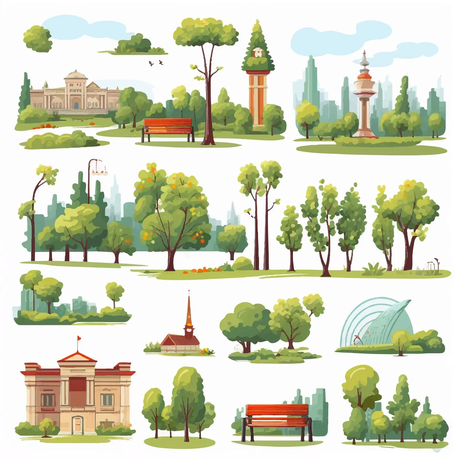 Cartoon Scenes of Cities and Parks Vector Illustration – free public spaces image from Dotvec