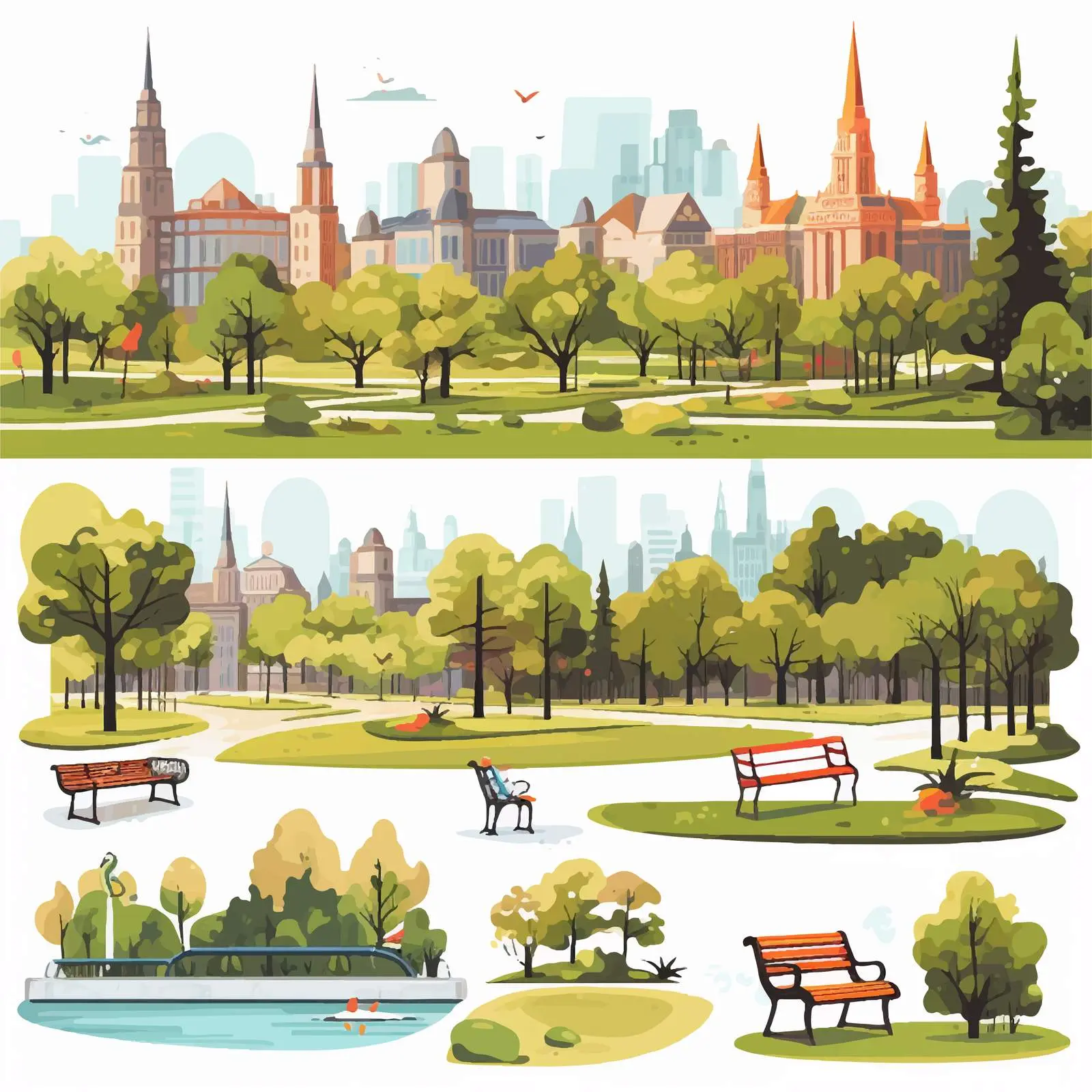 Scenes of Cities and Parks Cartoon Vector Illustration — free download from Dotvec
