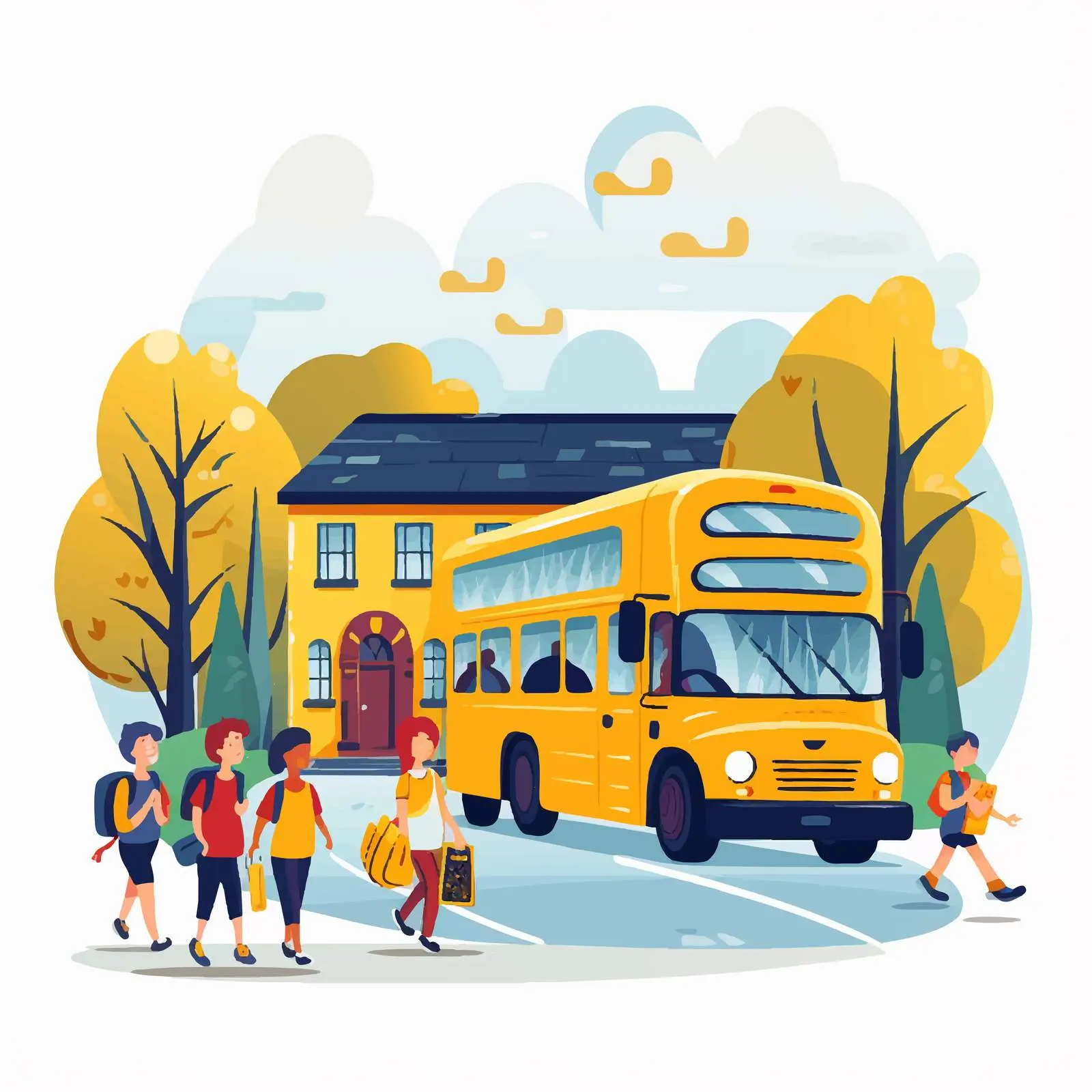 School Building with Yellow Bus at Entrance – free after school image from Dotvec