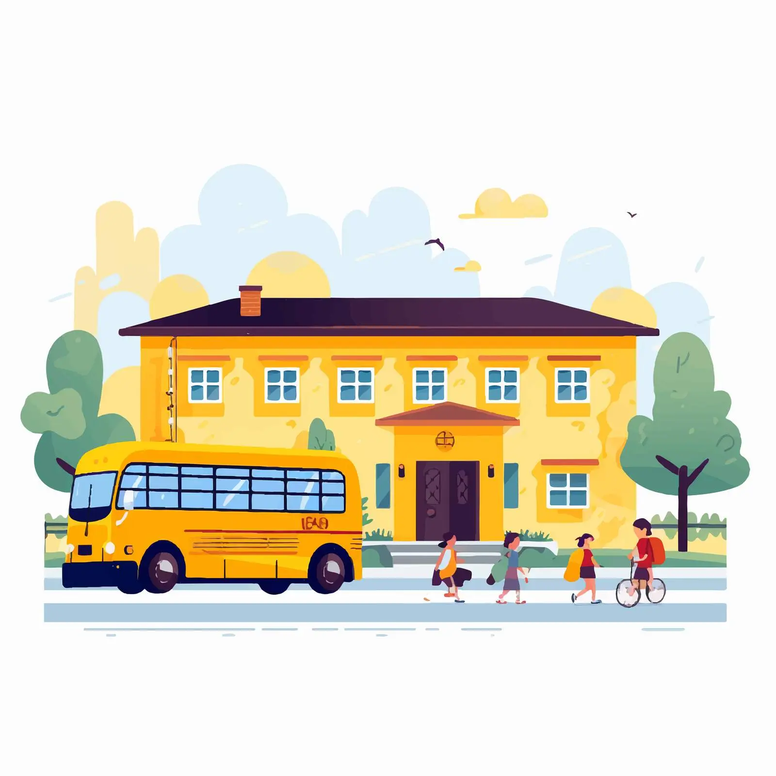 School Building with Yellow Bus at Entrance – free school spirit image from Dotvec