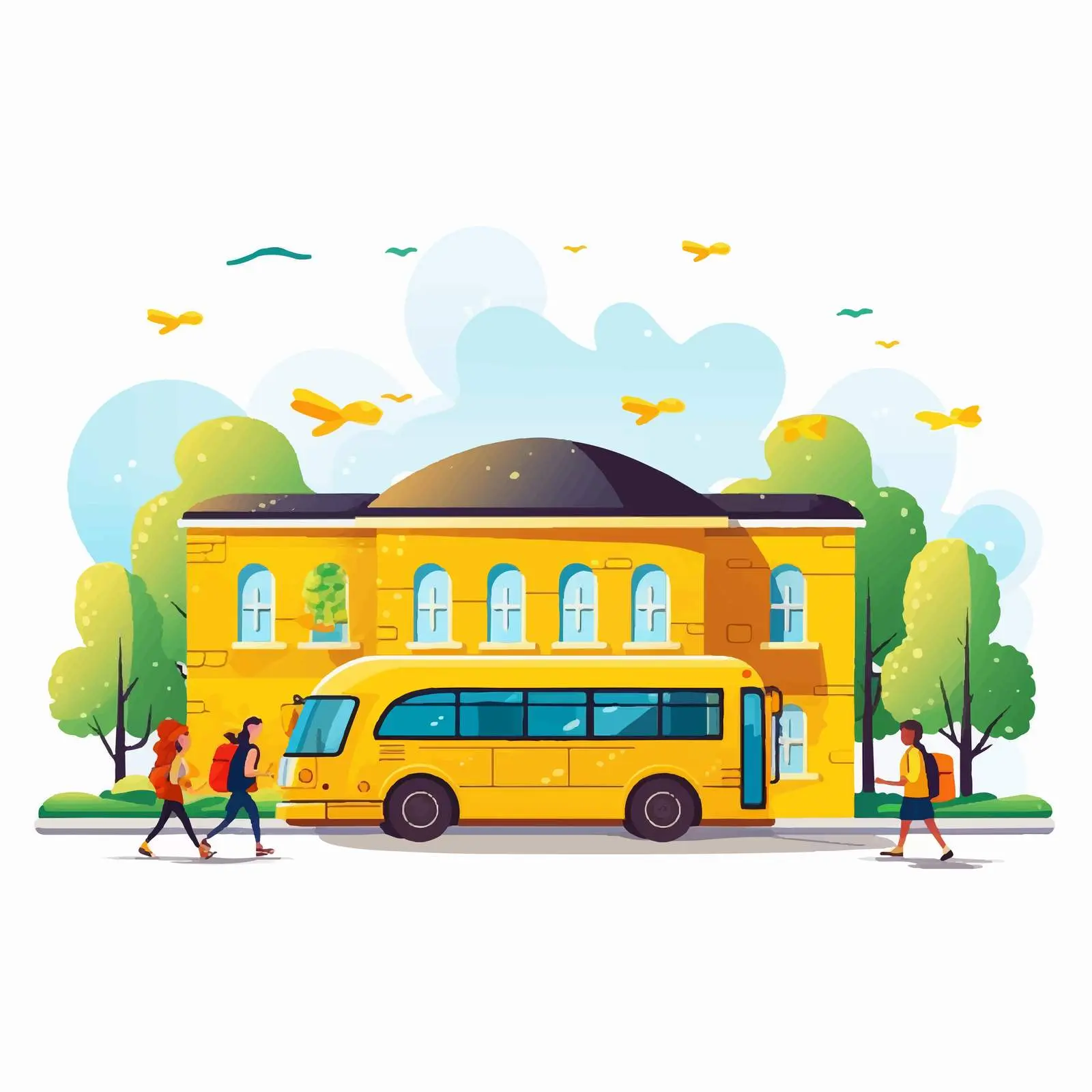School Building with Yellow Bus at Entrance — free download from Dotvec