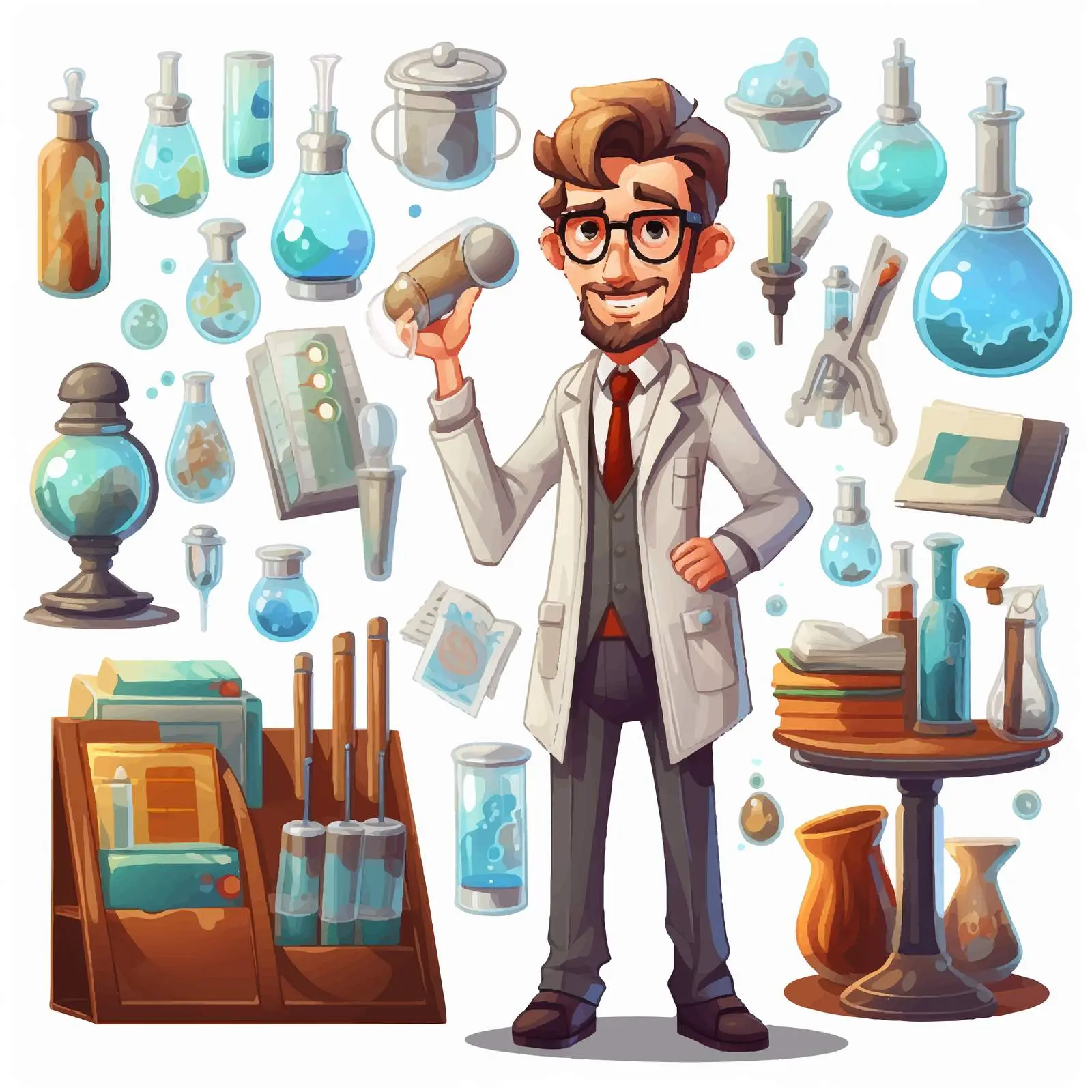 Cartoon Scientist in Science Lab with Equipment — free download from Dotvec