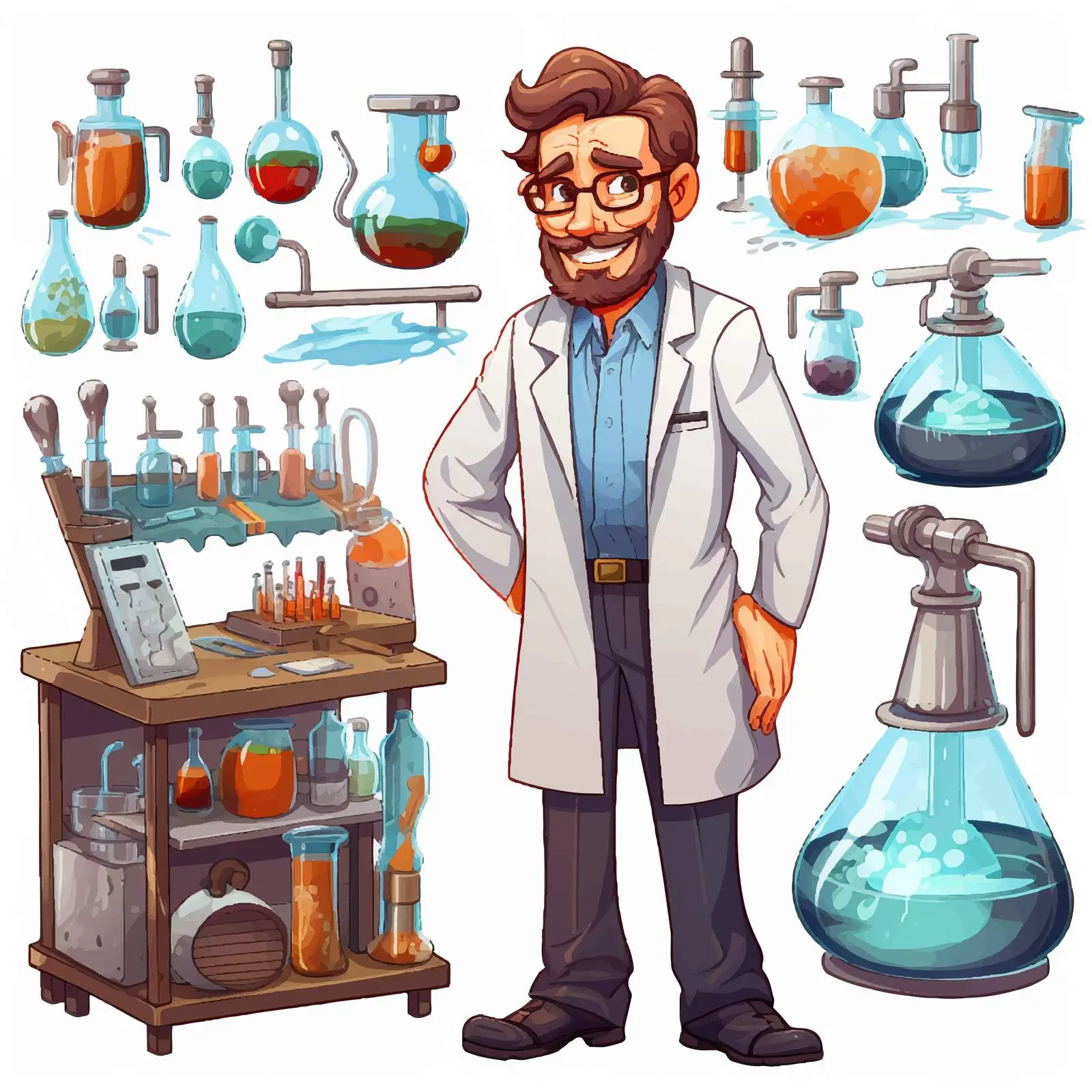 Cartoon Scientist with Lab Equipment Illustration — free download from Dotvec