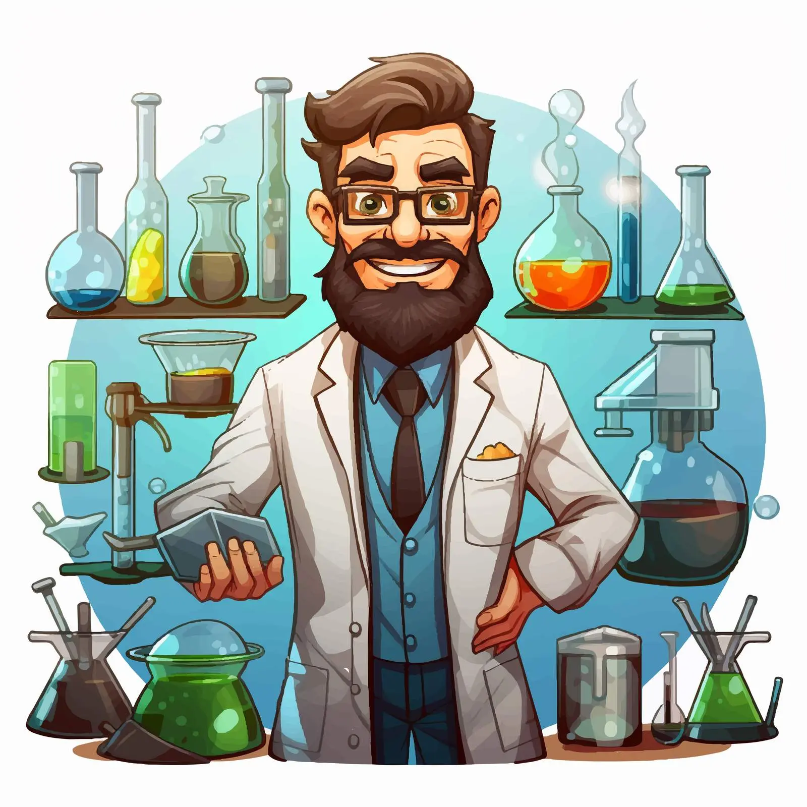 Cartoon Scientist with Laboratory Equipment Vector Art – free flasks image from Dotvec