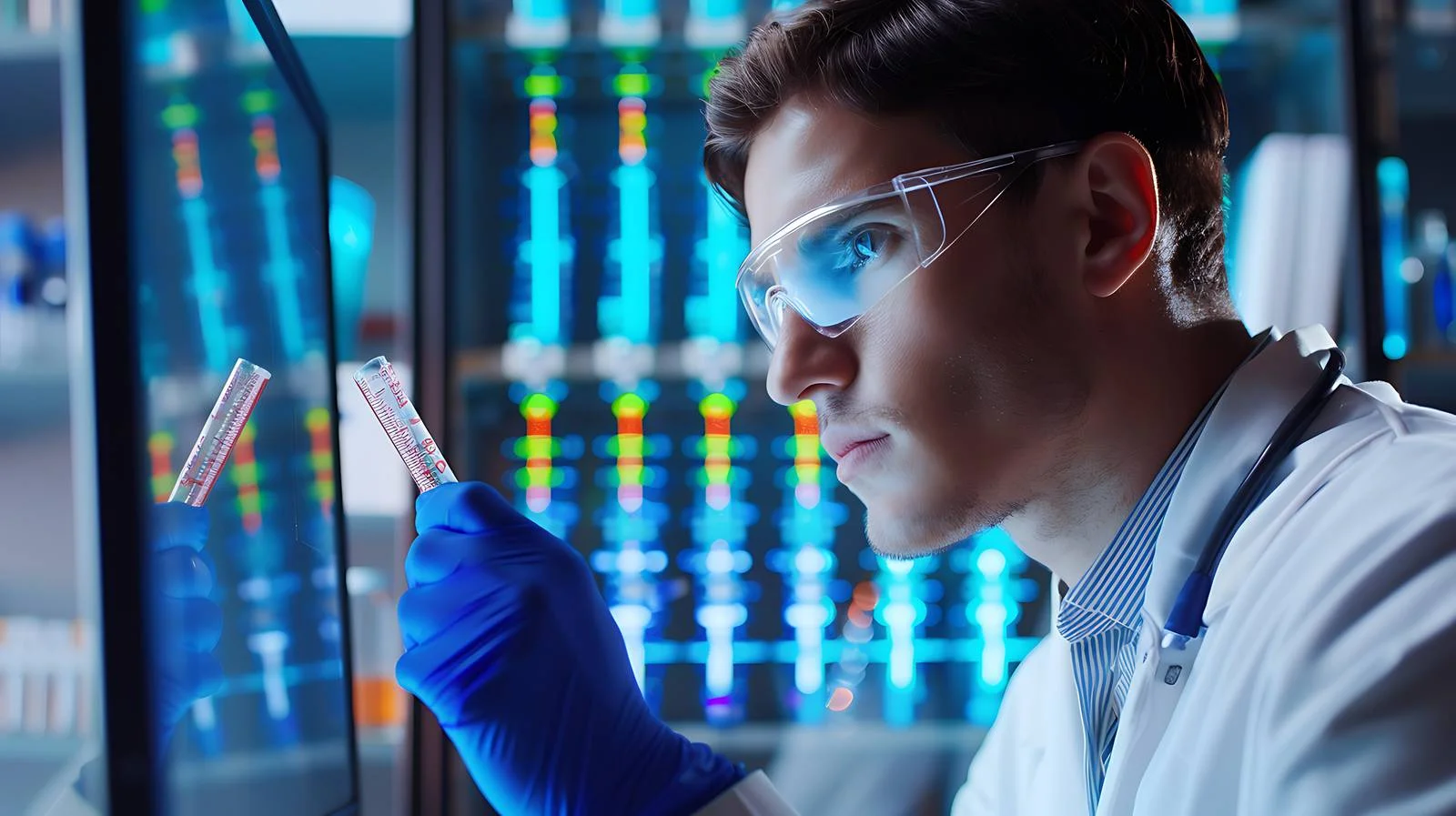 Researcher analyzing DNA sample with test outcomes — free download from Dotvec