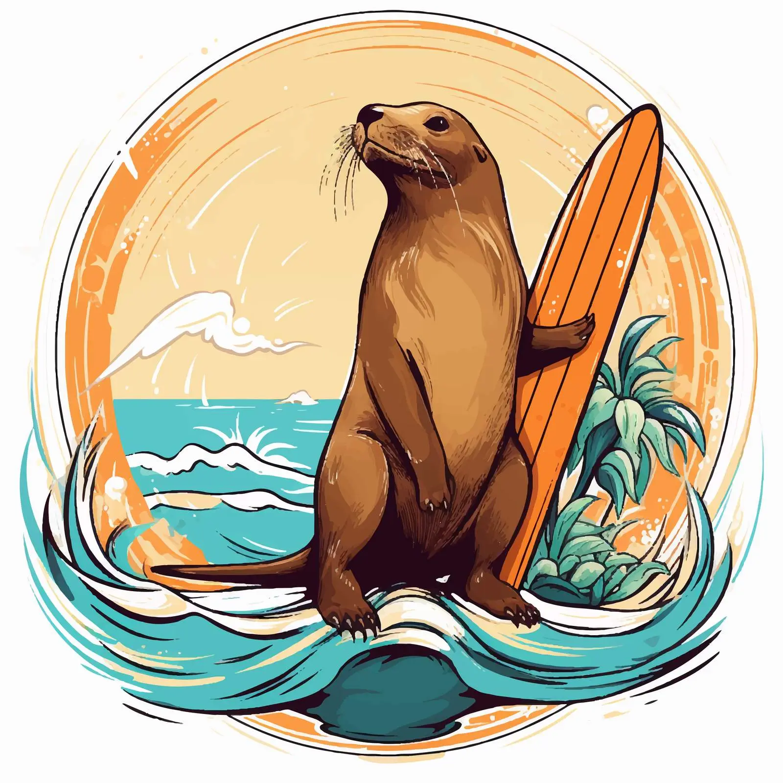 Sea Lion with Surfboard Vector Illustration – free nautical art image from Dotvec