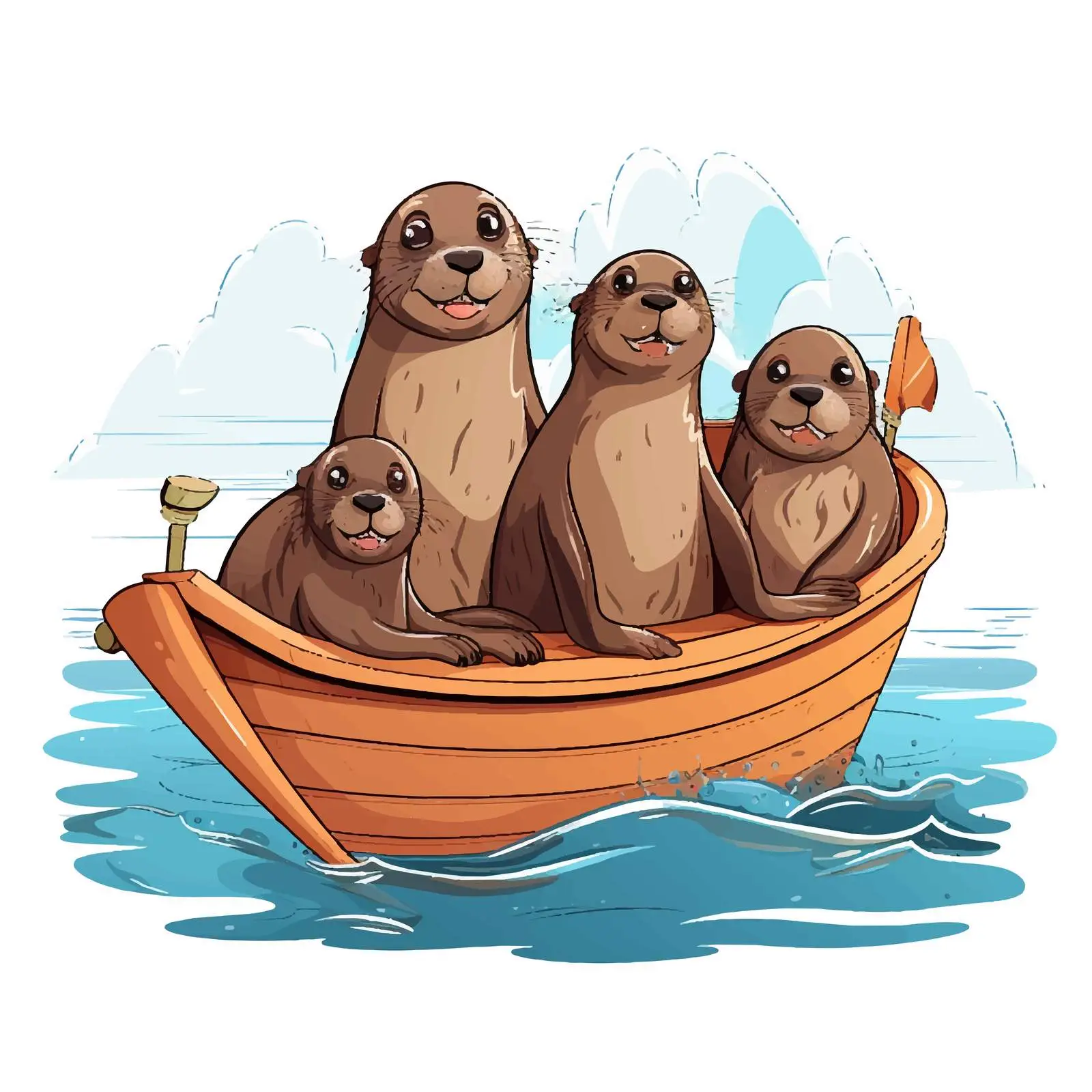Cartoon Sea Lions on Wooden Boat Illustration — free download from Dotvec