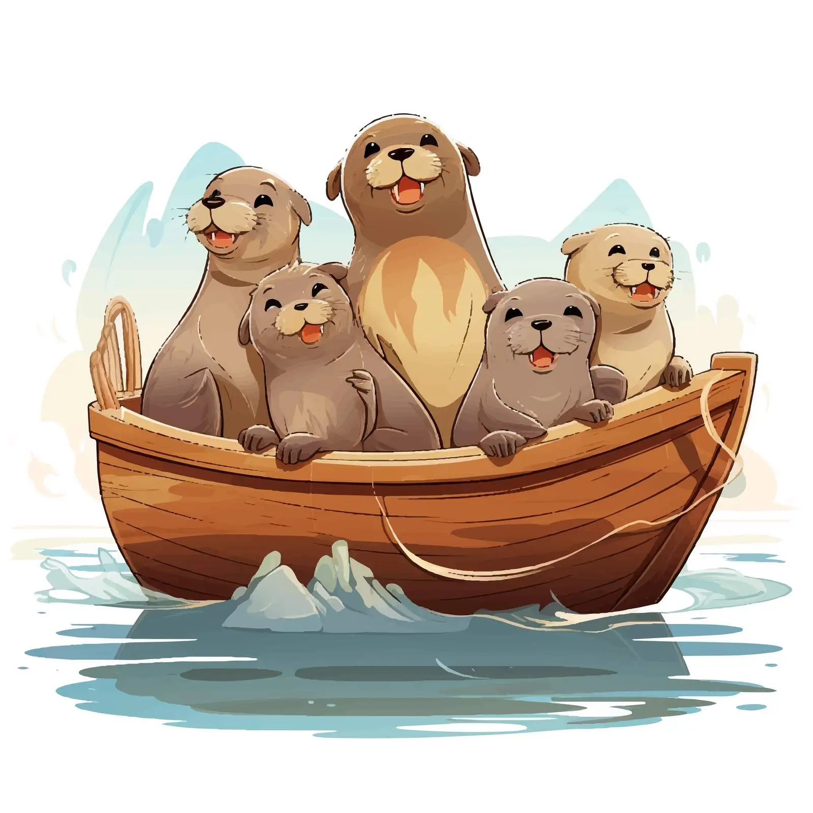 Cartoon Sea Lions on a Wooden Boat Illustration — free download from Dotvec