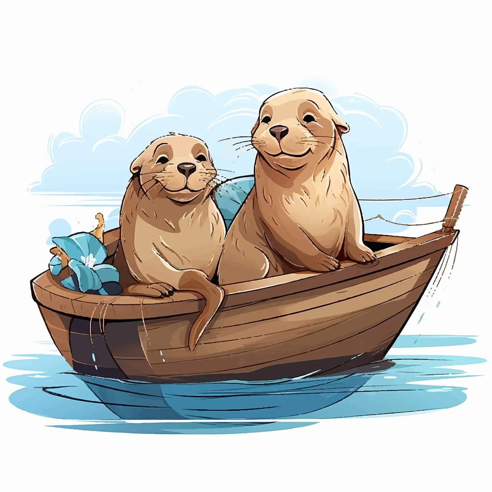 Cartoon Sea Lions on Wooden Boat Illustration — free download from Dotvec
