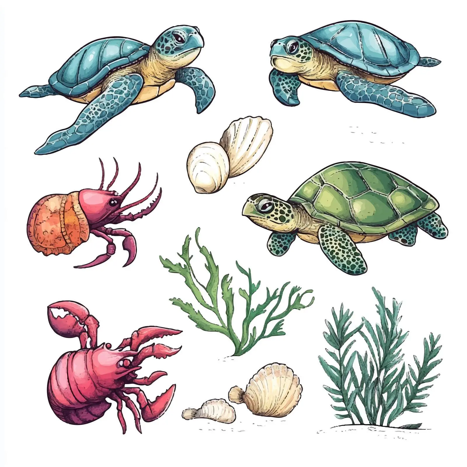 Sea Turtle and Aquatic Life Vector Illustration – free marine biodiversity image from Dotvec