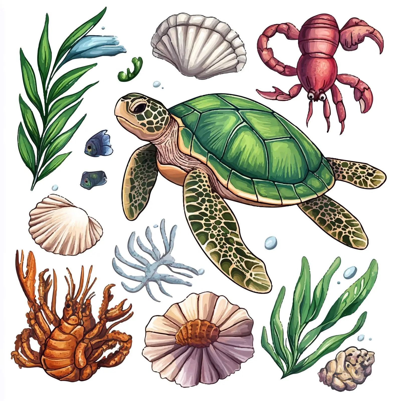 Sea Turtle and Aquatic Life Vector Illustration — free download from Dotvec