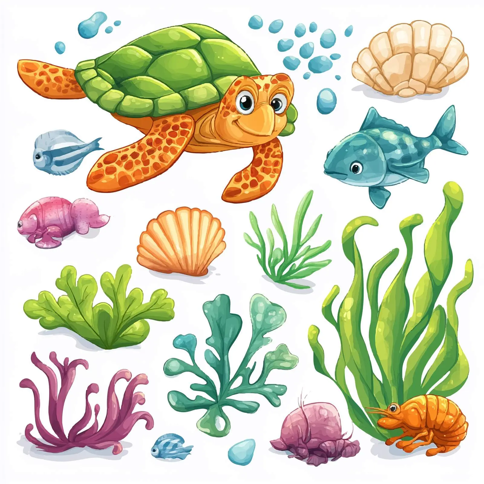 Sea Turtle and Aquatic Life Vector Illustration – free marine biodiversity image from Dotvec