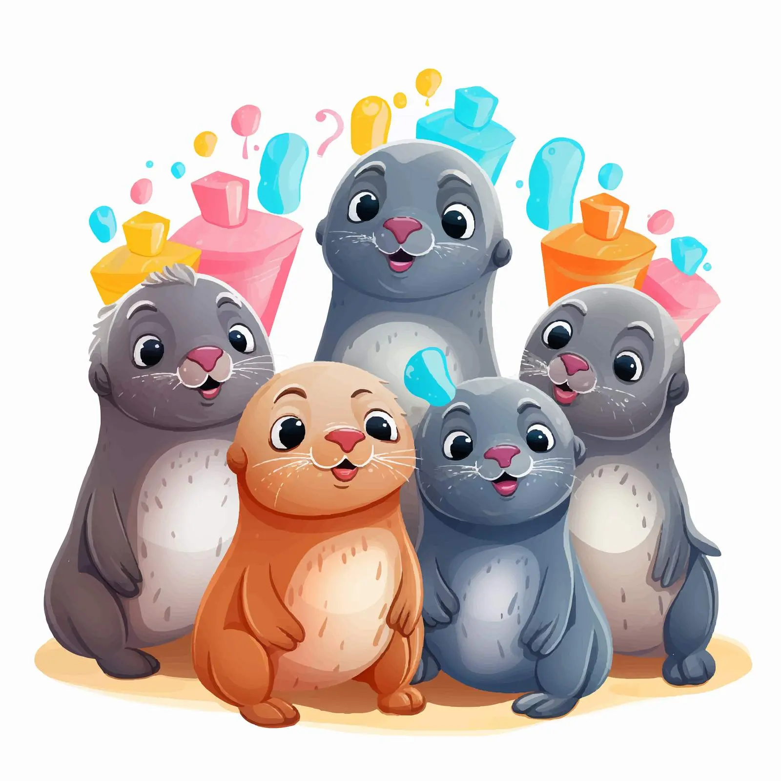 Party-Themed Seal Cartoon Characters on White Background — free download from Dotvec