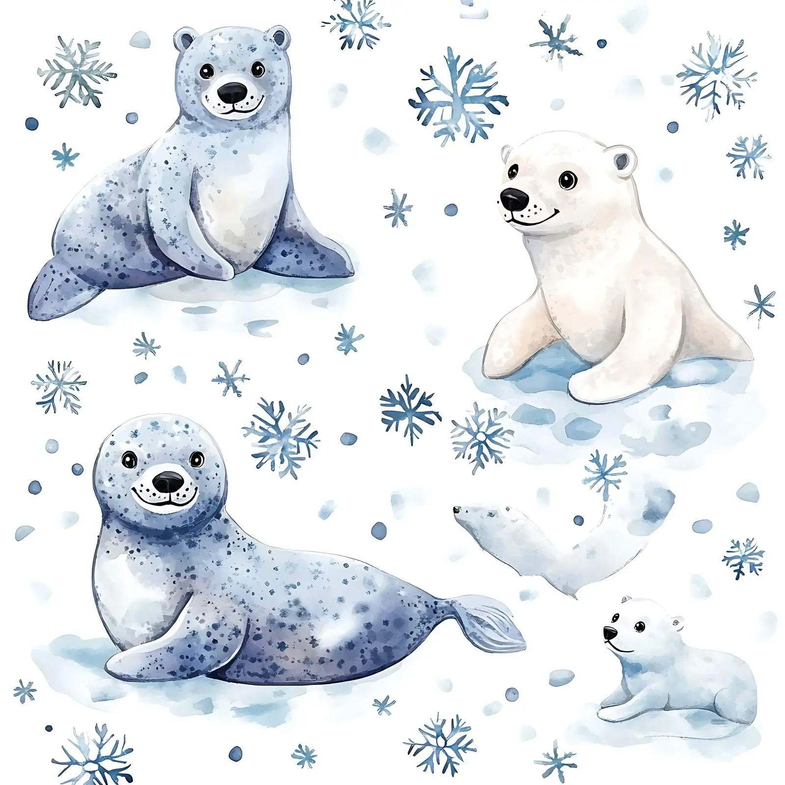 Cute Seals and Polar Bear in Snowflakes – free arctic image from Dotvec