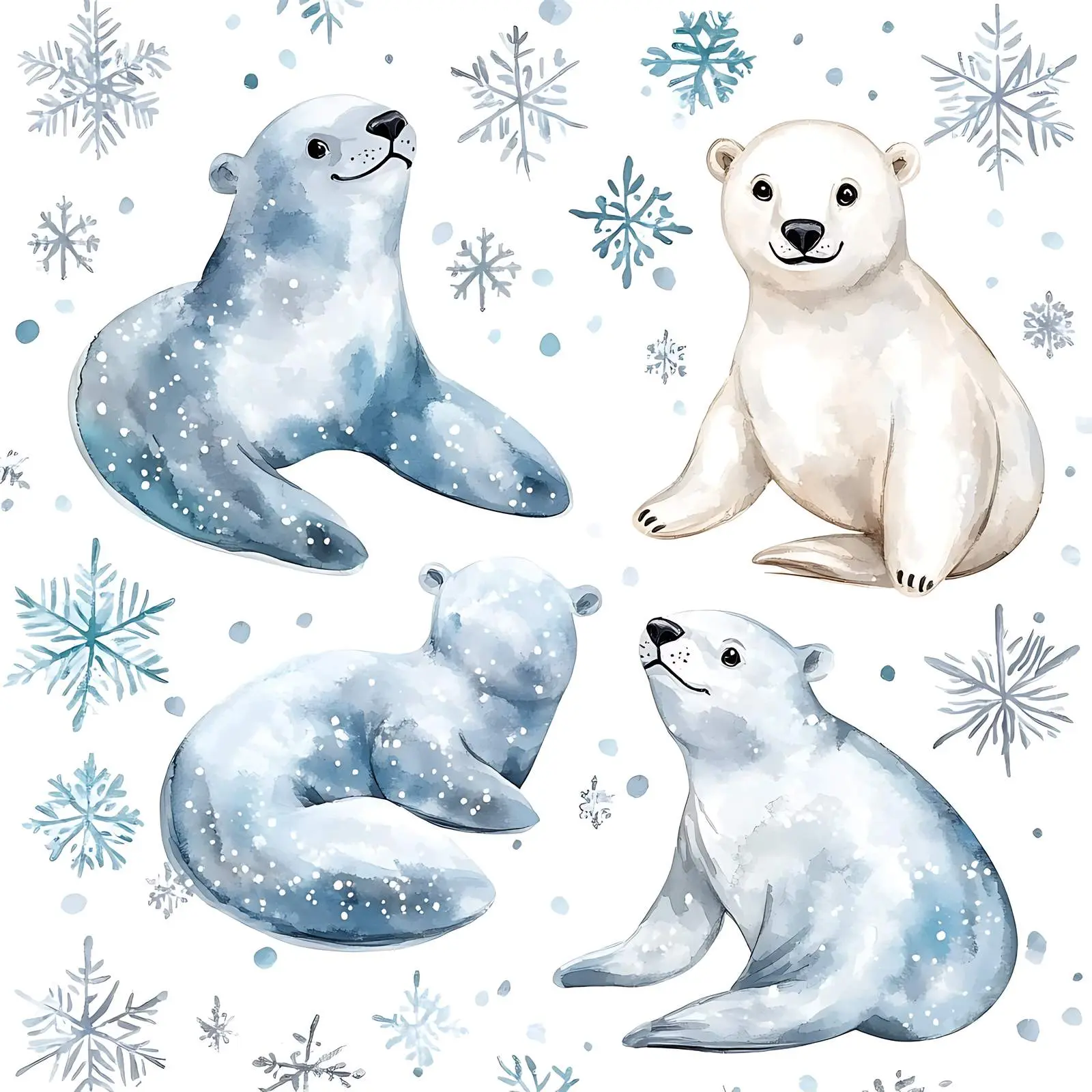 Cute Seals and Polar Bear in Snowflakes – free arctic image from Dotvec