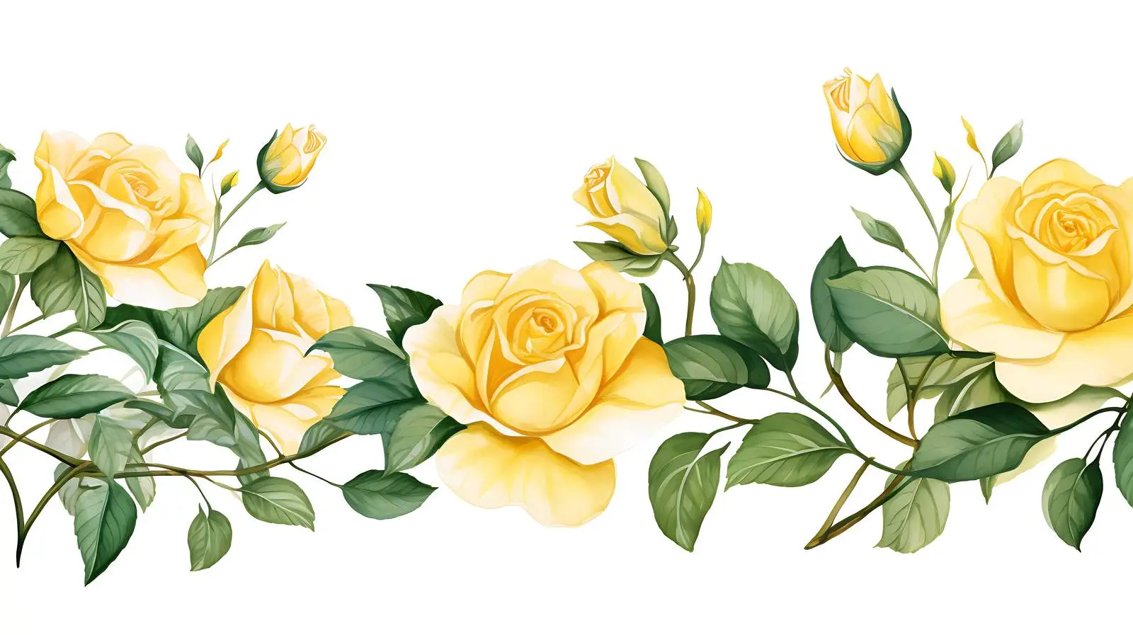 Yellow Roses Green Leaves Seamless Border — free download from Dotvec