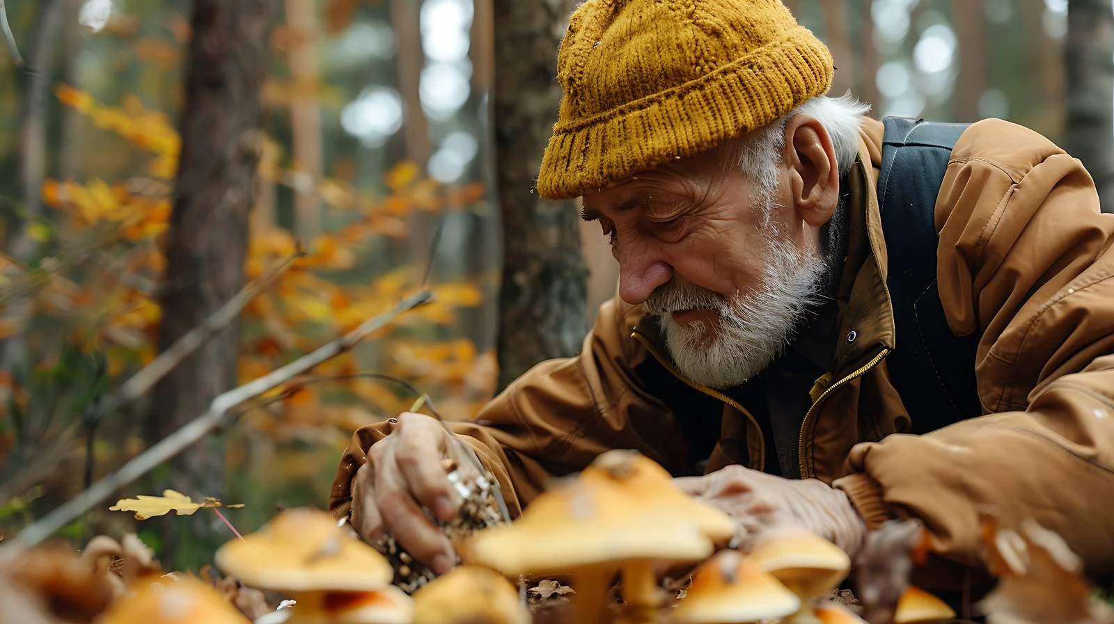 Elderly foraging mushrooms in woodland — free download from Dotvec