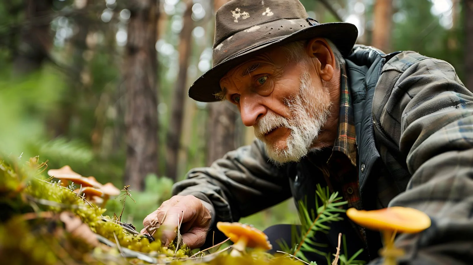 Senior Man Mushroom Foraging in Forest — free download from Dotvec