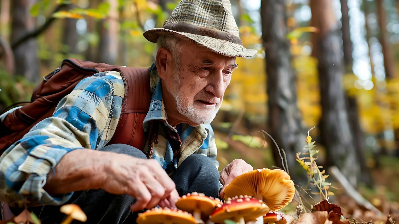 Senior Man foraging Mushrooms in Forest — free download from Dotvec