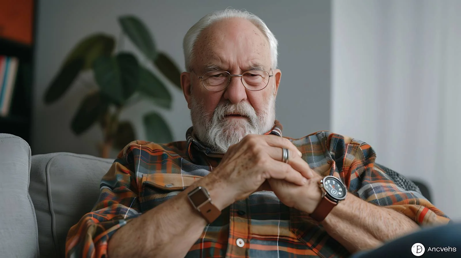 Elderly man using smartwatch on couch — free download from Dotvec