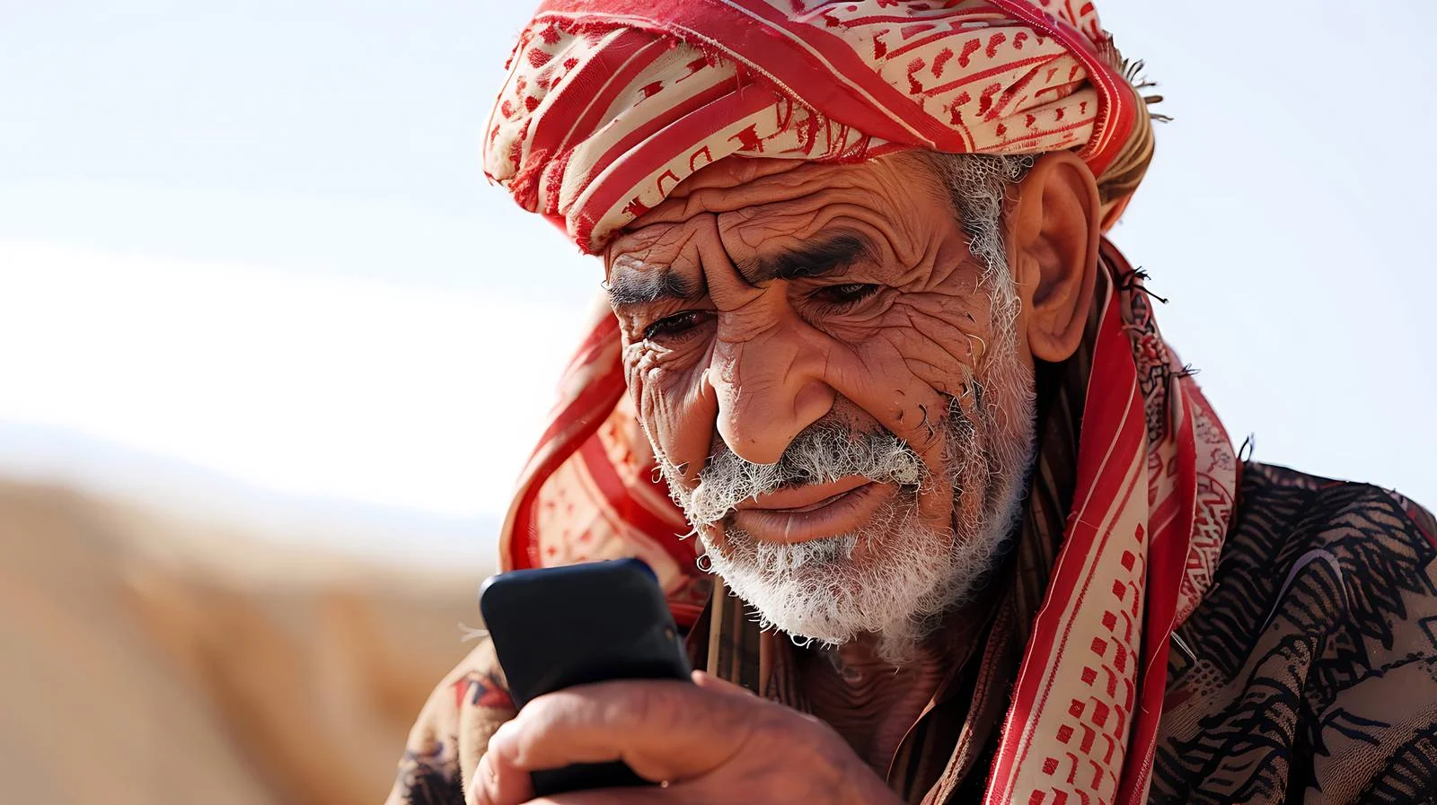 Elderly man communicating on mobile at Smara refugee camp — free download from Dotvec