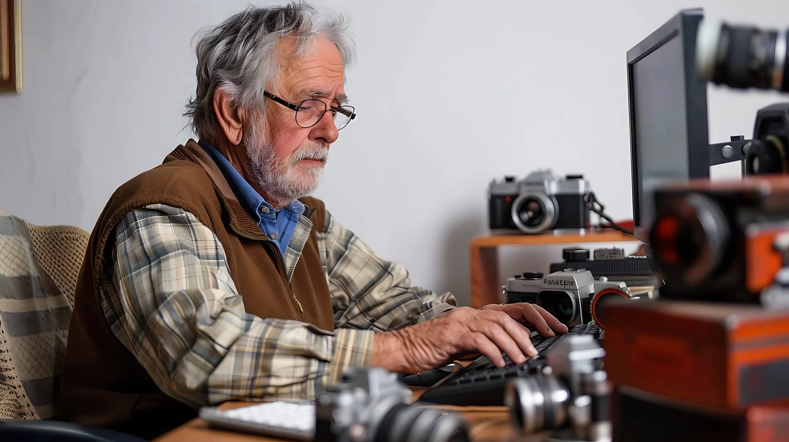 Senior Man Using Computer and Old Photo — free download from Dotvec