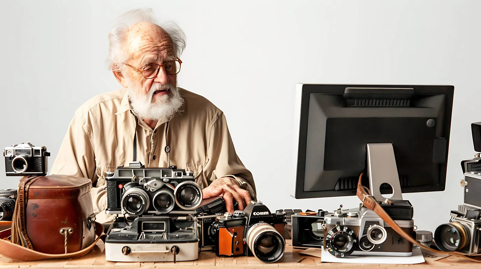 Senior Man Working with Computer and Old Photo — free download from Dotvec