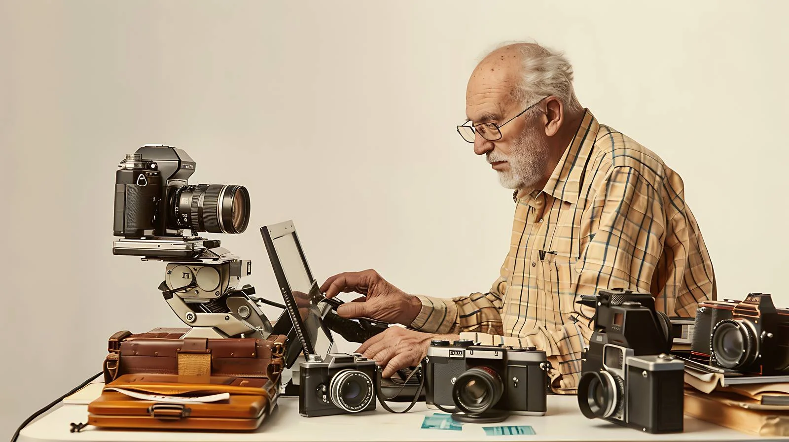 Senior Man Using Computer and Photo — free download from Dotvec